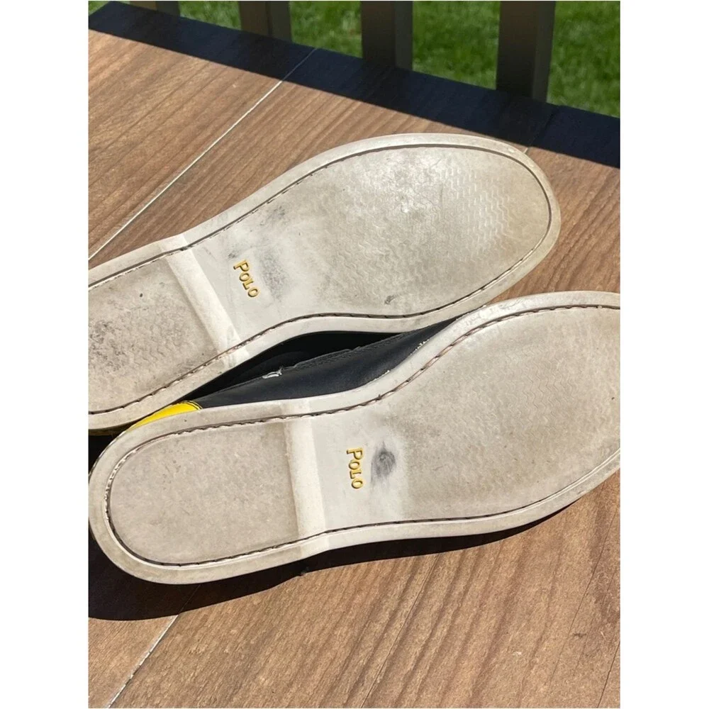Polo by Ralph Lauren SOREN Black Leather Boat Shoes with Yellow Insoles. 11D